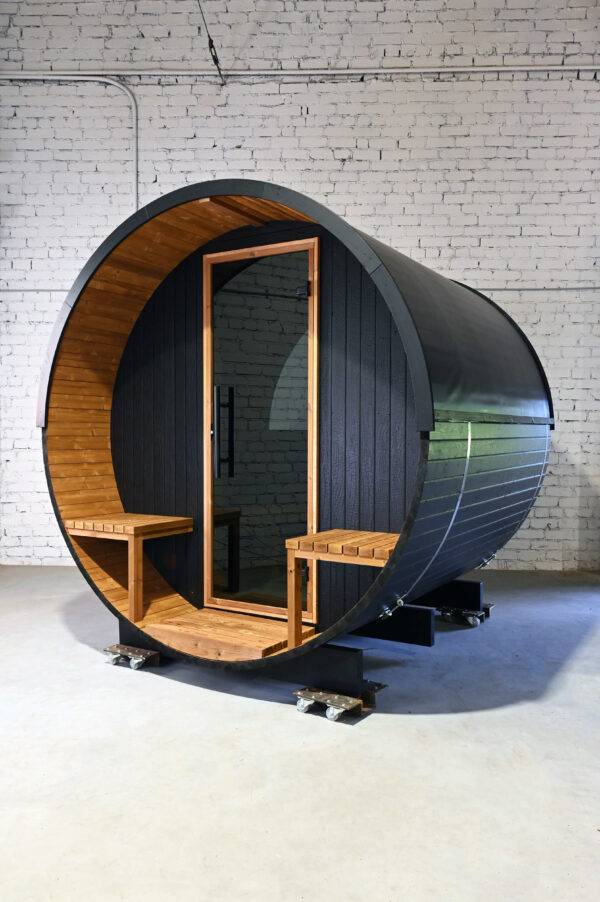 Thermory Ignite Black Barrel Sauna With Upgraded Tiered Bench