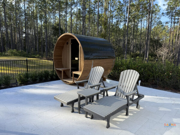 Thermory Barrel Sauna Kit | 60 Series with Optional Porch, Panoramic Window, 2-Tier Bench