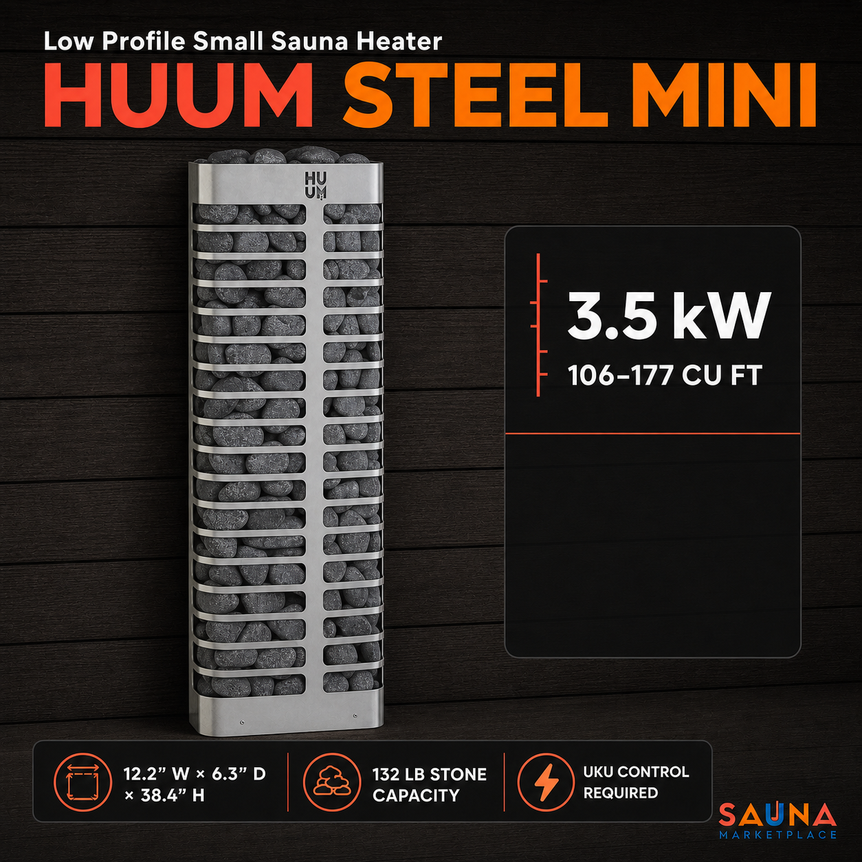 Huum Steel Mini Low Profile Small Sauna Heater Huum Steel Mini Low Profile Small Sauna Heater, 3.5 Kw For 123 To 212 Cubic Feet