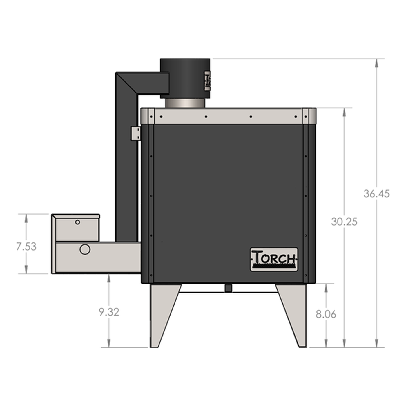 Torch Natural Gas Or Propane Sauna Heater | Ts-65F And Ts-85F 1 Torch Ts-65F Side Elevation Drawing With Overall Height, Body Height And Intake Box Dimensions In Inches.
