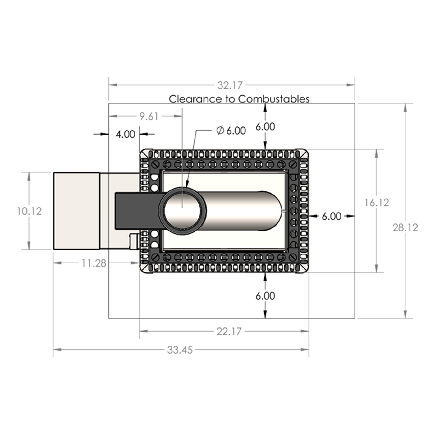Torch Natural Gas Or Propane Sauna Heater | Ts-65F And Ts-85F 2 Torch Ts-65F Plan Drawing Showing The 6 Inch Flue, Footprint And Clearance To Combustibles In Inches.