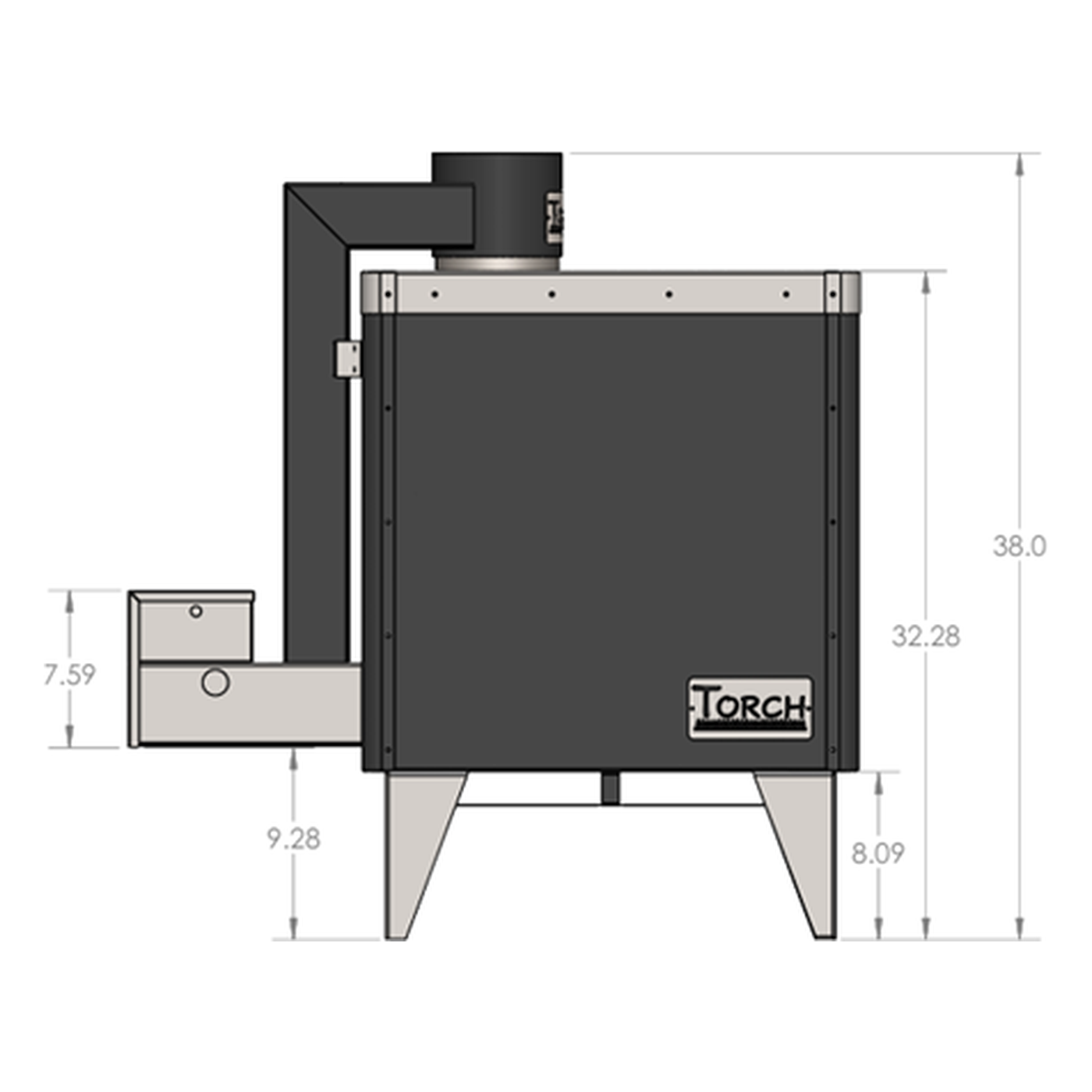 Torch Natural Gas Or Propane Sauna Heater | Ts-65F And Ts-85F 3 Torch Ts-85F Side Elevation Drawing With Overall Height, Body Height And Intake Box Dimensions In Inches.