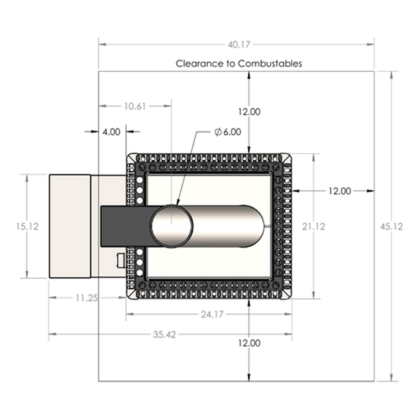Torch Natural Gas Or Propane Sauna Heater | Ts-65F And Ts-85F 4 Torch Ts-85F Plan Drawing Showing The 6 Inch Flue, Footprint And Clearance To Combustibles In Inches.