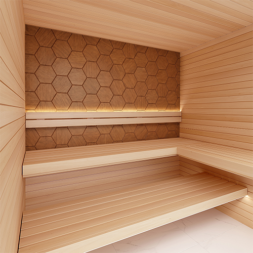 ProSaunas Hive Thermo decorative sauna wall panels, thermo-abachi hexagon pattern