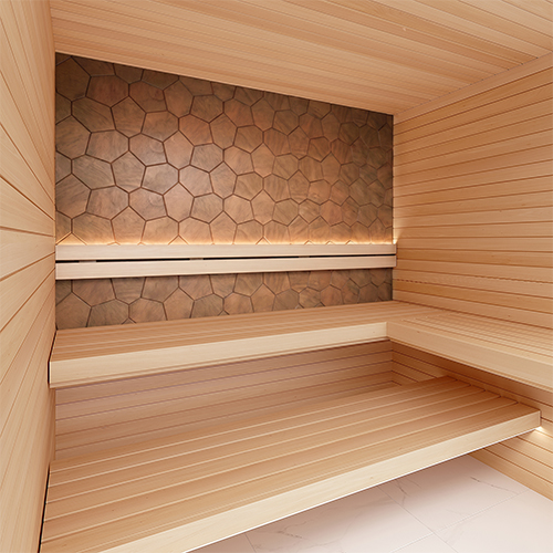 ProSaunas Modern Thermo decorative sauna wall panels, thermo-abachi irregular hexagon pattern