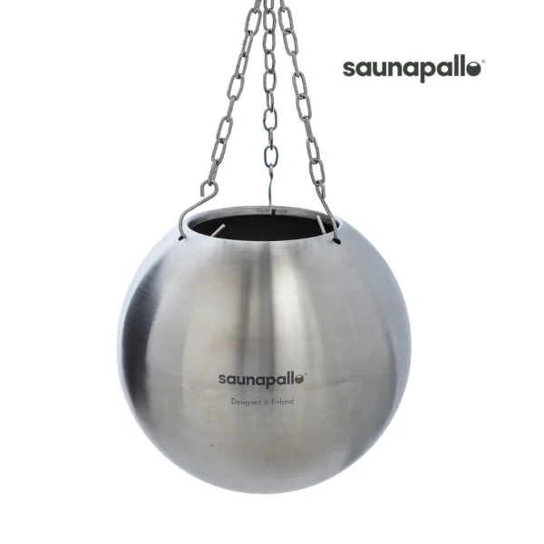 Saunapallo sauna ball in brushed stainless steel hanging from its chain