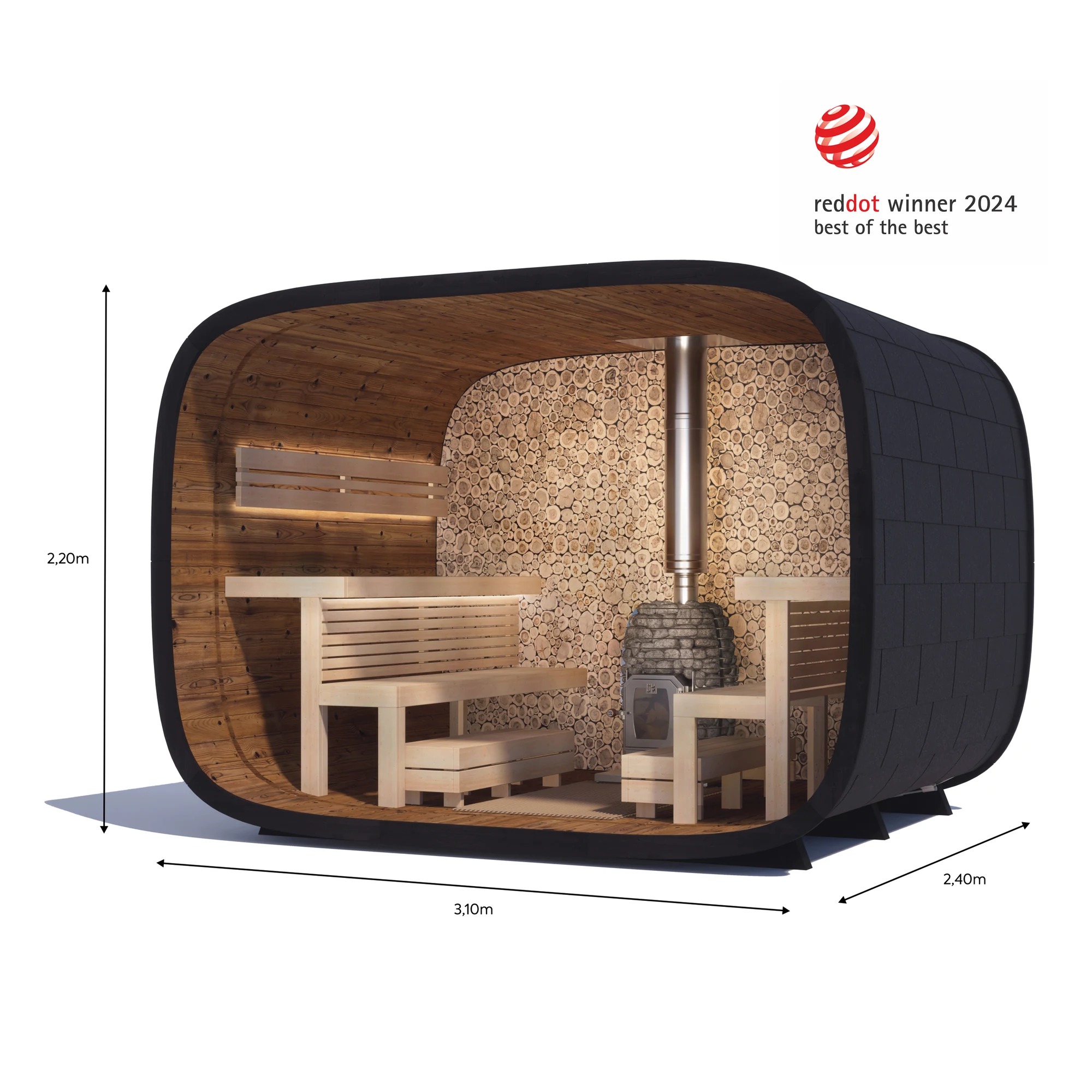 Round Cube Single 2.4 Cutaway With Dimensions And Leil’s Red Dot Award Graphic.
