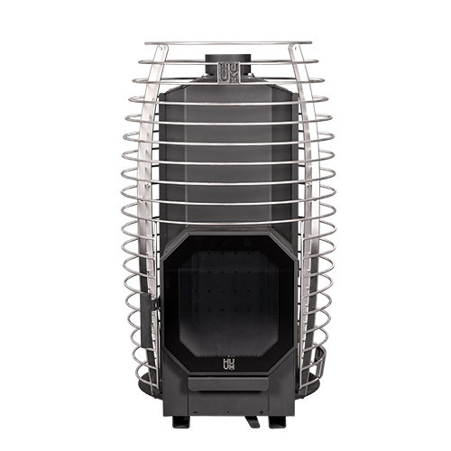 Huum Hive Flow Wood-Burning Sauna Stove Without Stones, Front View Of The Firebox Door And Stainless Steel Cage.