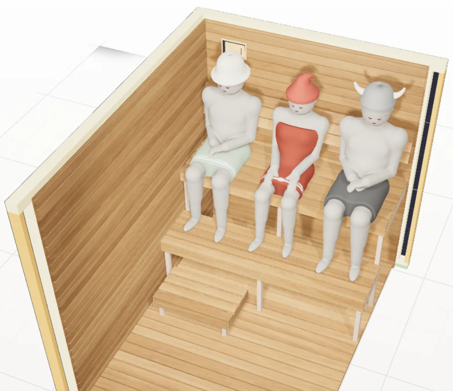 Sauna Design, Step By Step: Meet Saunadesignpro, Our Free 3D Planner 5 Saunadesignpro'S People Layer Showing Three Seated Bathers On The Top Bench Of A 6 By 8 Foot Sauna