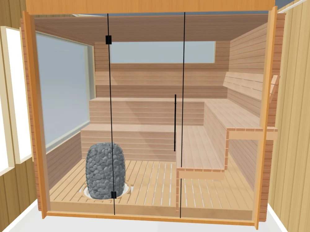 Sauna Design, Step By Step: Meet Saunadesignpro, Our Free 3D Planner 12 3D Rendering Of A Sauna Seen Through Its Glass Front, With A Side Window, A High Window On The Back Wall, An L-Shaped Two-Level Bench And A Round Stone Heater