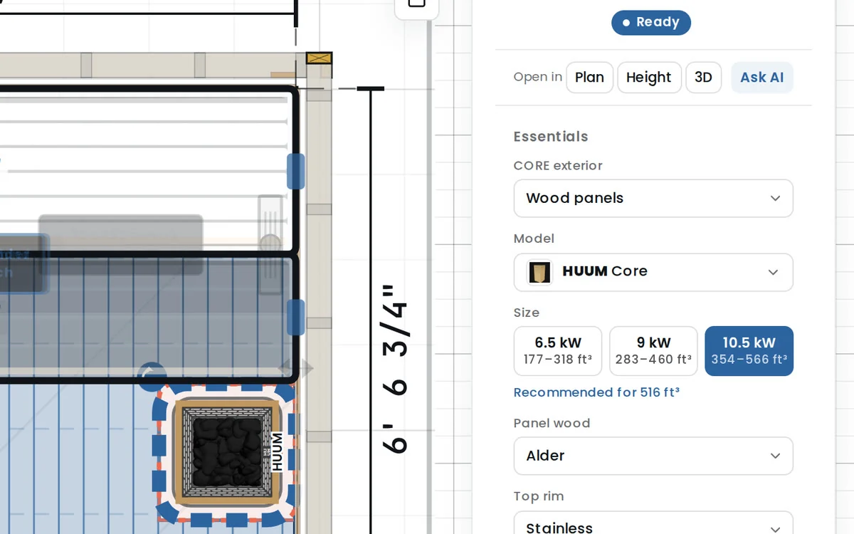 Sauna Design, Step By Step: Meet Saunadesignpro, Our Free 3D Planner 7 Saunadesignpro'S Heater Step: Three Sizes Of One Heater With Their Rated Room Ranges In Cubic Feet, And The Size Recommended For A 516 Cubic Foot Room