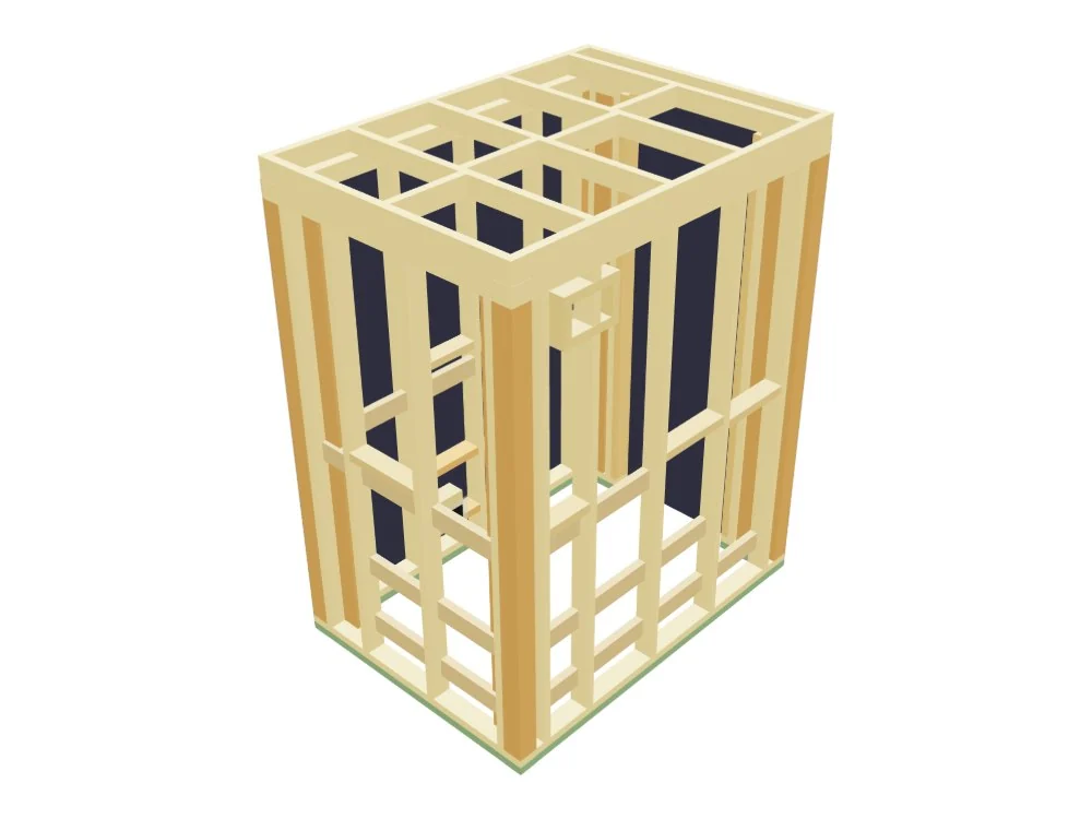 Sauna Design, Step By Step: Meet Saunadesignpro, Our Free 3D Planner 11 Saunadesignpro 3D View Of A Compact Two-Person Sauna With The Boards And Finishes Hidden, Showing The Wall Studs, Plates, Blocking And Ceiling Joists